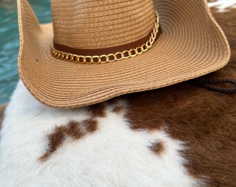 Straw Cowboy Hat with Gold Chain