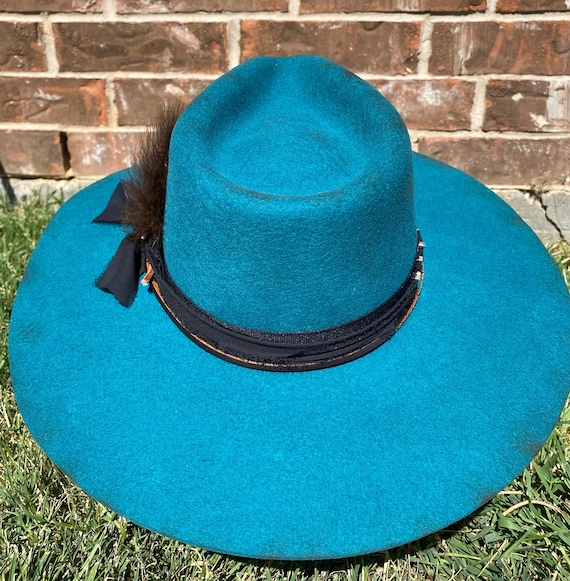 Teal Custom Burned Hat: Peacock Feather, Leather Ribbon 