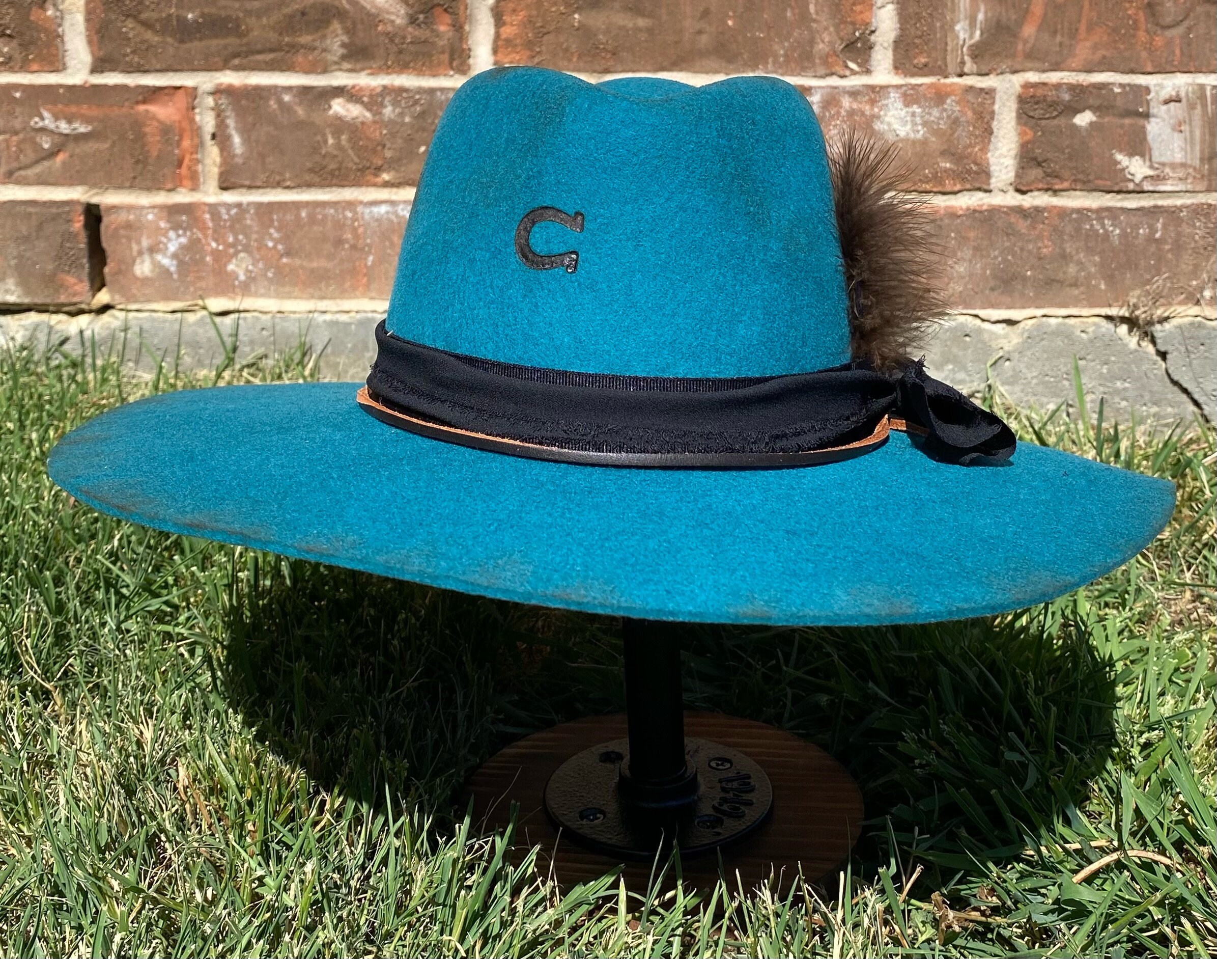 Teal Custom Burned Hat: Peacock Feather, Leather Ribbon  display picture 1