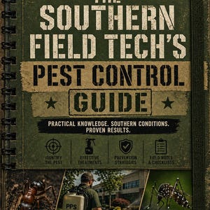 Può includere: Una guida per il controllo dei parassiti verde e marrone intitolata "The Southern Field Tech's Pest Control Guide". La copertina presenta testo, illustrazioni di insetti e una persona che spruzza un edificio. La guida include informazioni sull'identificazione dei parassiti, i trattamenti e la prevenzione.