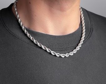 Thick Silver Twisted Rope Chain Necklace, 5mm Classic Guys Necklaces, 18 inch to 22 inch Waterproof And Hypoallergenic Silver Male Necklace