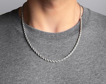 Minimalistic Silver Rope Chain Necklace, 3mm Classic Guys Necklaces, 18 inch to 22 inch Waterproof And Hypoallergenic Silver Male Necklace