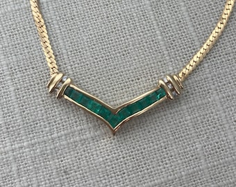 Vintage Emerald and Diamond "V" Necklace