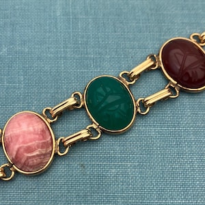 Vintage Natural Hardstone Scarab Bracelet Gold Filled with Safety Chain 7 Inches Long