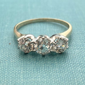 Three Stone Old European Cut Natural Diamond Ring Yellow Gold Shank