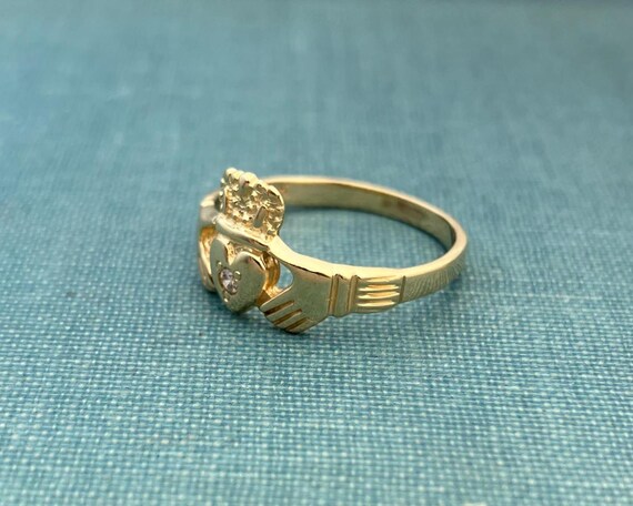Vintage Claddagh Solid Gold Ring with Natural Dia… - image 2