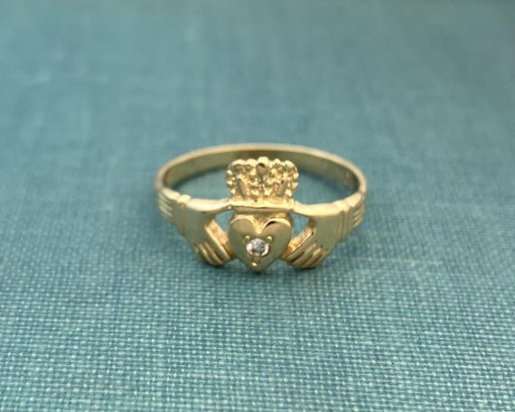 Vintage Claddagh Solid Gold Ring with Natural Dia… - image 1