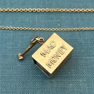 Vintage &quot;Mad Money&quot; 1 Dollar &quot;In Emergency Break Glass&quot; 14K Gold Charm With Optional 18 Inch Chain