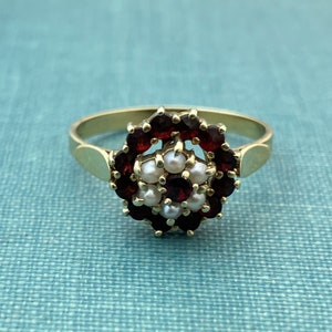 Vintage Bohemian Garnet and Seed Pearl Ring Yellow Gold