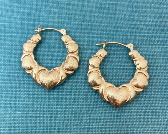 Vintage Heart Yellow Solid Gold Hoop Earrings - image 1