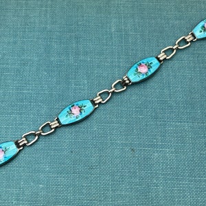 Rose Blue Enamel Link Sterling Silver Vintage Bracelet