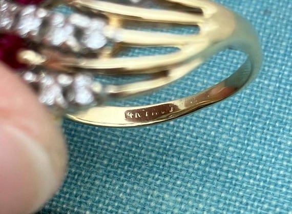 Natural Ruby and Diamond Cluster Solid Gold Dome … - image 4