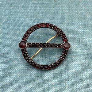 Antique Garnet Circle Brooch Sterling Silver with 14K Pin Stem