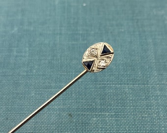 Vintage Natural Diamond and Synthetic Sapphire Stick Pin 18k White Gold in Original Box