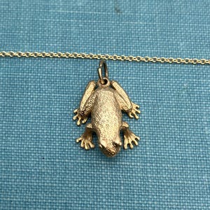 以下が含まれることがあります： 繊細なチェーンネックレスに、金色のカエルのペンダント。カエルは、質感のある肌とリアルな特徴で詳細に描かれています。