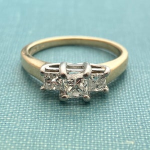 1/2 Carat Total Weight Three Stone Princess Cut Natural Diamond Ring 14K Yellow Gold and Platinum Top