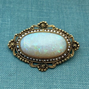 Vintage Large Crystal Opal Brooch With Seed Pearl Accents in 14K Yellow Gold