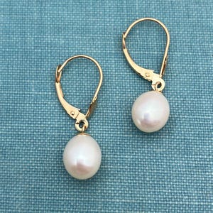 Cultured Pearl Vintage Lever Back Solid 14K Yellow Gold Drop Dangle Earrings