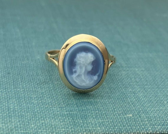 Vintage Blue Agate Cameo 18K Female Form Ring Yellow Gold Etsy