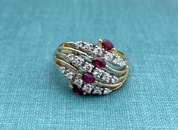 Natural Ruby and Diamond Cluster Solid Gold Dome … - image 1