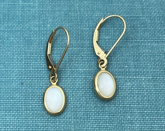 Vintage White Mother of Pearl Dangle Earrings 10K Yellow Gold with Safety Lever-backs