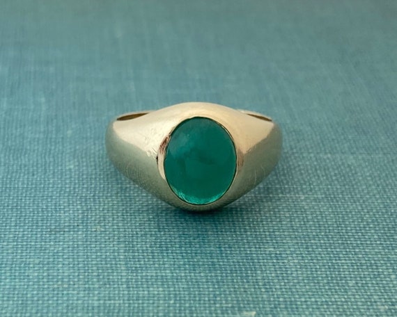 Natural Cabochon Emerald Yellow Solid Gold Signet… - image 1