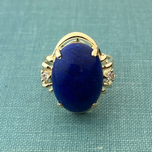 Large Lapis Ring with Natural Diamond Accents in Solid 14K Yellow Gold
