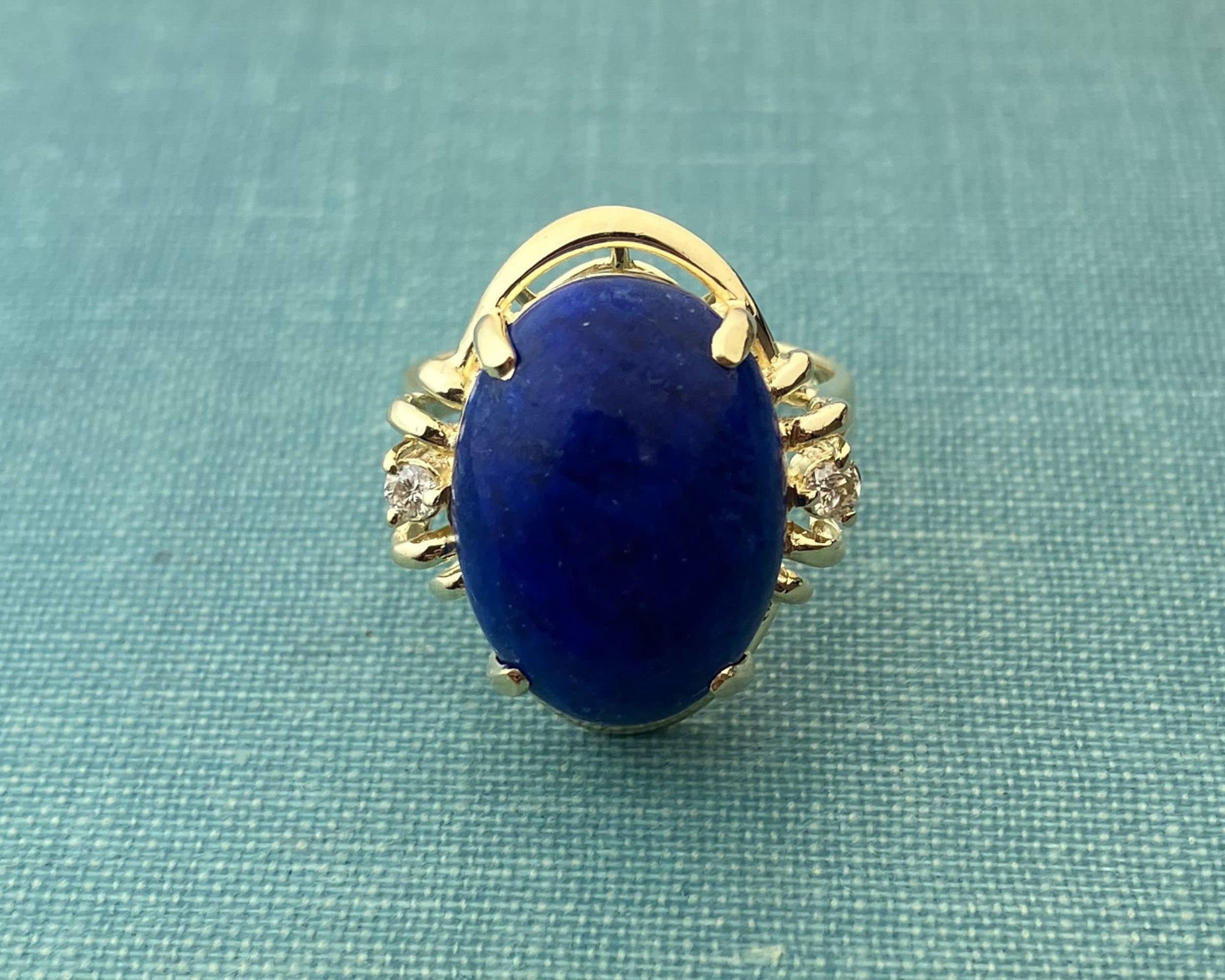 Large Lapis Ring with Natural Diamond Accents in Solid 14K Yellow Gold