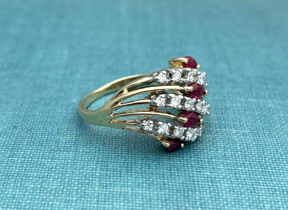 Natural Ruby and Diamond Cluster Solid Gold Dome … - image 2