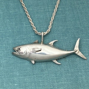 Tuna Fish Solid Sterling Silver Pendant on 24 Inch Rope Solid Silver Chain