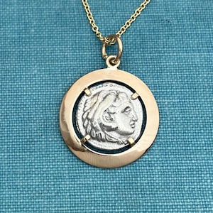 Vintage Ancient Coin Style Fashion Pendant with Replica Sterling Silver Coin and 14K Solid Gold Frame and Optional Chain