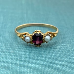 Antiker Granat und Naturperlenring 18K Gelbgold
