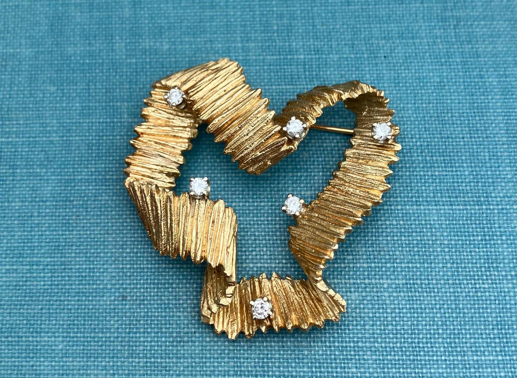 Brutalist Solid 14K Yellow Gold Brooch with Natural Diamond Accents 1960's