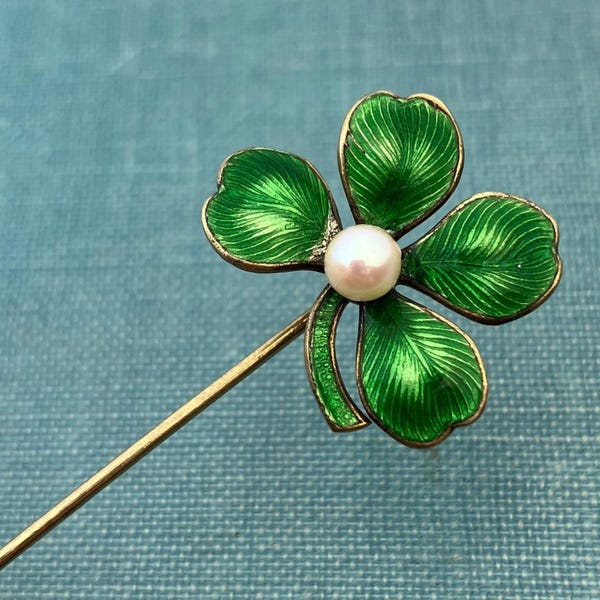 Vintage Shamrock Green Enamel Stick Pin with Cultured Pearl Accent