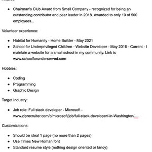 May include: A resume template with a list of awards, volunteer experience, hobbies, target industry, and customizations. The resume template suggests using Times New Roman font and a standard resume style.