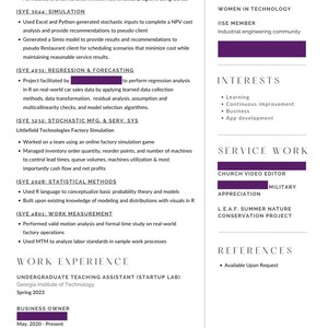 May include: A resume with a black and white design. The resume includes a person's academic experience, work experience, organizations, interests, and service work. The resume also includes a section for references.