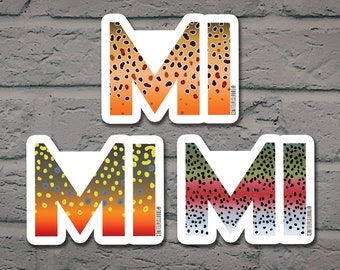 Könnte beinhalten: Drei Vinyl-Aufkleber mit dem Wort "MIMI" in großen Buchstaben. Jeder Buchstabe ist mit einem anderen Muster aus braunen, orangen, gelben, roten, blauen und weißen Punkten gefüllt. Die Aufkleber befinden sich auf einem grauen Ziegelhintergrund.
