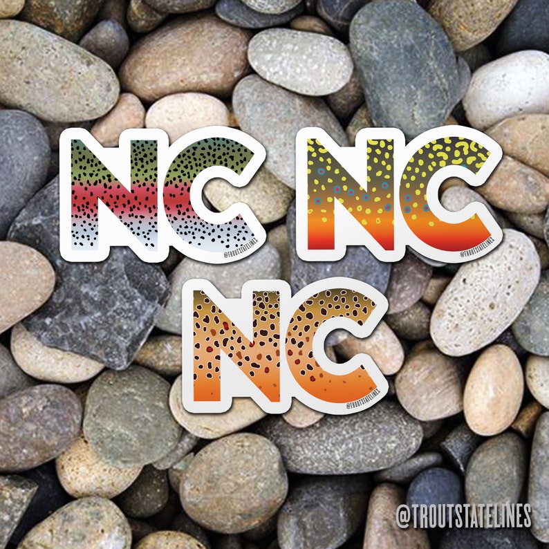 Carolina Trout Decal, 
Fly Fishing Sticker,
NC Cooler Sticker,
NC Bumper Sticker,
NC Angler Gift,
NC Fly Fishing Gift,
North Carolina Decal,
Gift Fisherman NC,
NC Travel Sticker,
NC Laptop Sticker,
Trout Sticker, State Sticker,
North Carolina Trout