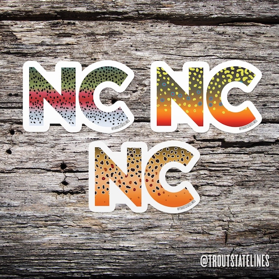 North Carolina Sticker NC / Rainbow, Brook & Brown Trout Decal / Fly Fishing  Sticker Outdoor Water Bottle Cooler Laptop Sticker Angler Gift 