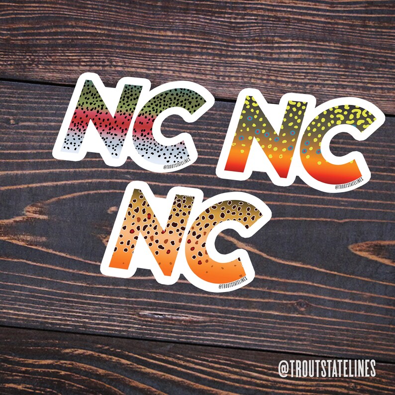 North Carolina Sticker Trout, Decal Fly Fishing, 
Outdoors Trout Gift, Angler Fish Camping,
Hiking NC Gifts, Souvenirs Gear, Travel Stickers,
Nature Lover, Travel Adventures, Lake River Life, Mountain Hiker, Trout Fishing, Cooler, Traveler Fish