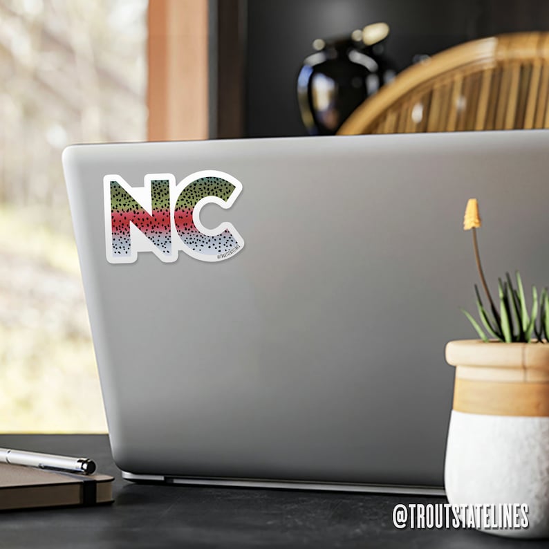 Carolina Trout Decal, 
Fly Fishing Sticker,
NC Cooler Sticker,
NC Bumper Sticker,
NC Angler Gift,
NC Fly Fishing Gift,
North Carolina Decal,
Gift Fisherman NC,
NC Travel Sticker,
NC Laptop Sticker,
Trout Sticker, State Sticker,
North Carolina Trout