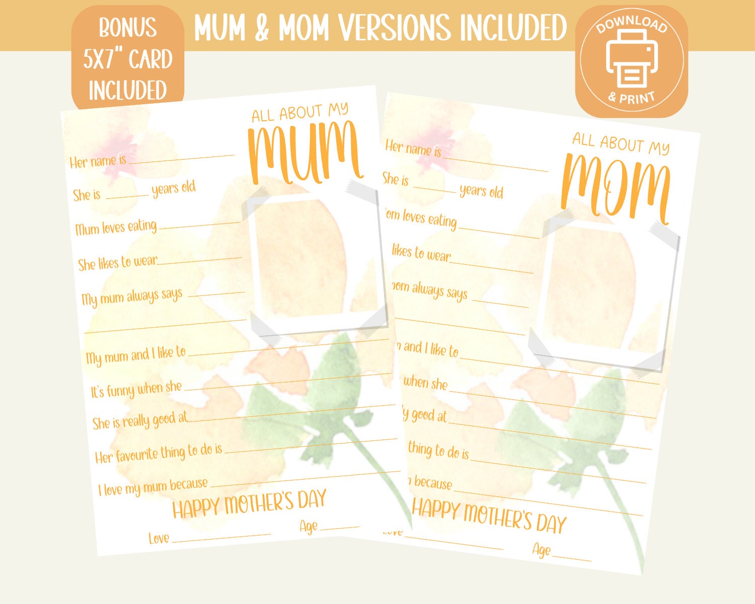 All About My Mum Printable, All About Mom, Mother's Day Gift, Mother's ...