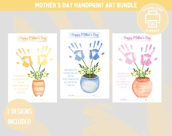 May include: Three printable Mother's Day cards featuring handprint flower designs. Each card has a different color scheme: yellow, blue, and pink. The cards include the text "Happy Mother's Day" and a short message of appreciation.