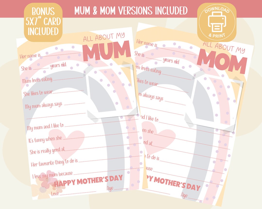 All About My Mum Printable, All About Mom, Mother's Day Gift, Mother's ...