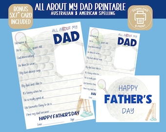 May include: Printable Father's Day card with a blue and white watercolour design. The card has a fill-in-the-blank section for children to write about their dad. The card also includes a separate printable card with a happy Father's Day message and a watercolour illustration of a cricket bat and ball.