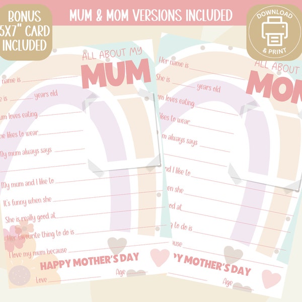 All About My Mum Printable, All About Mom, Mother's Day Gift, Mother's Day Printable, Mother's Day Questionnaire, Personalised gift for mum