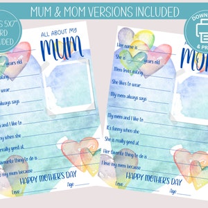 Könnte beinhalten: Druckbare Muttertagskarte mit Aquarellherzen und einem Ausfüllformat. Die Karte lautet "Alles über meine Mama" und "Frohen Muttertag".