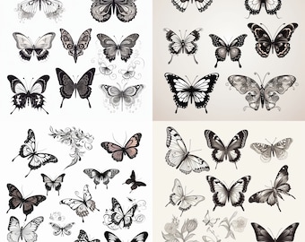 May include: A collection of 40 black and white butterfly illustrations. The butterflies are in various poses and sizes, with intricate details and patterns.