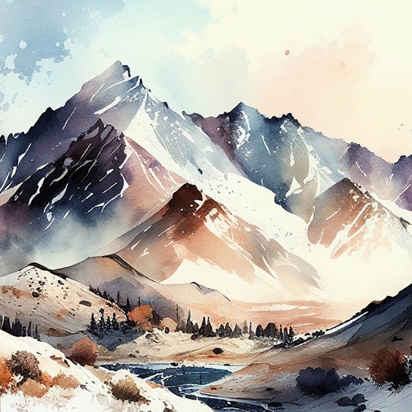 Watercolor Art, Mountain Range, Soothing natural landscape, Printable Wall Art, Home Decor