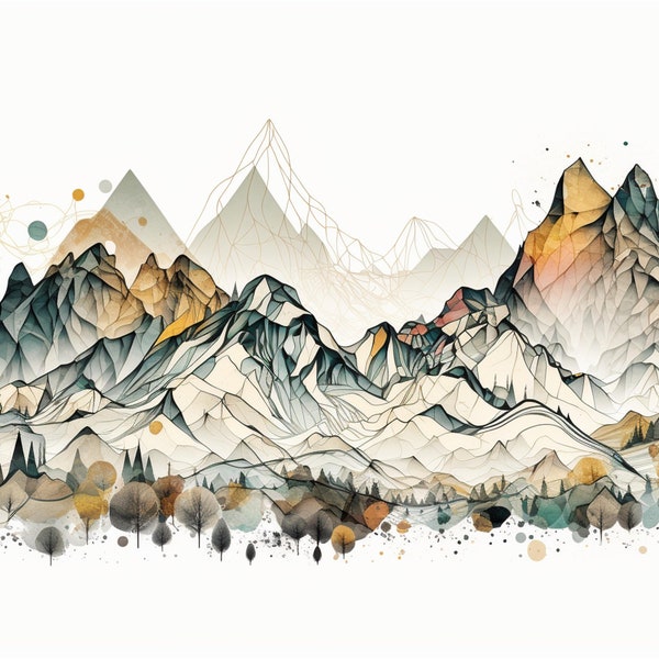 Abstract Watercolor Art, Mountain Range, Geometric Mountain Rangee, Printable Wall Art, Home Decor